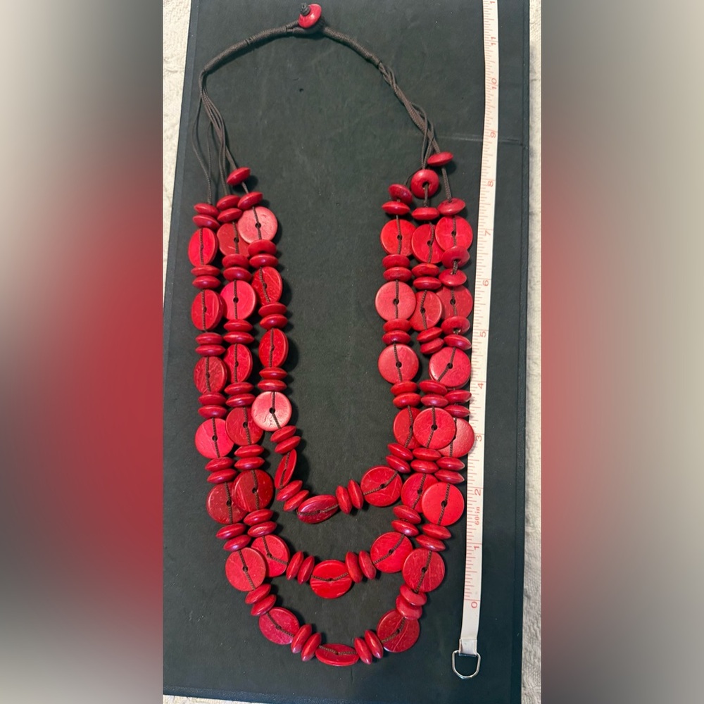 Red Wood Disc Multi-Layered Womans Necklace